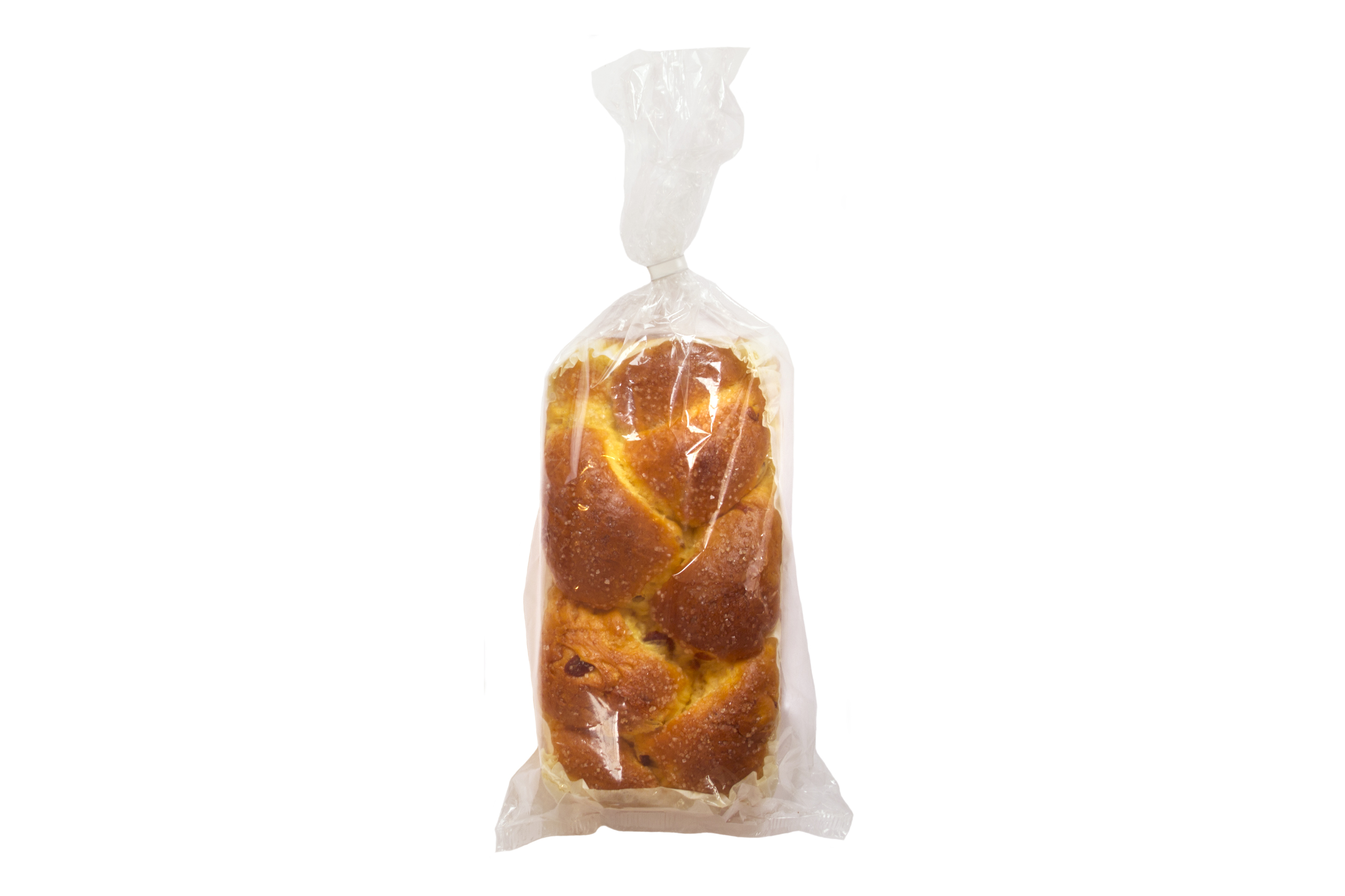 A EuroClassic Cranberry Orange Brioche Twist Loaf, packaged in a clear plastic bag.