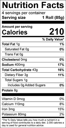 Rustica Plain Ciabatta's nutrition label